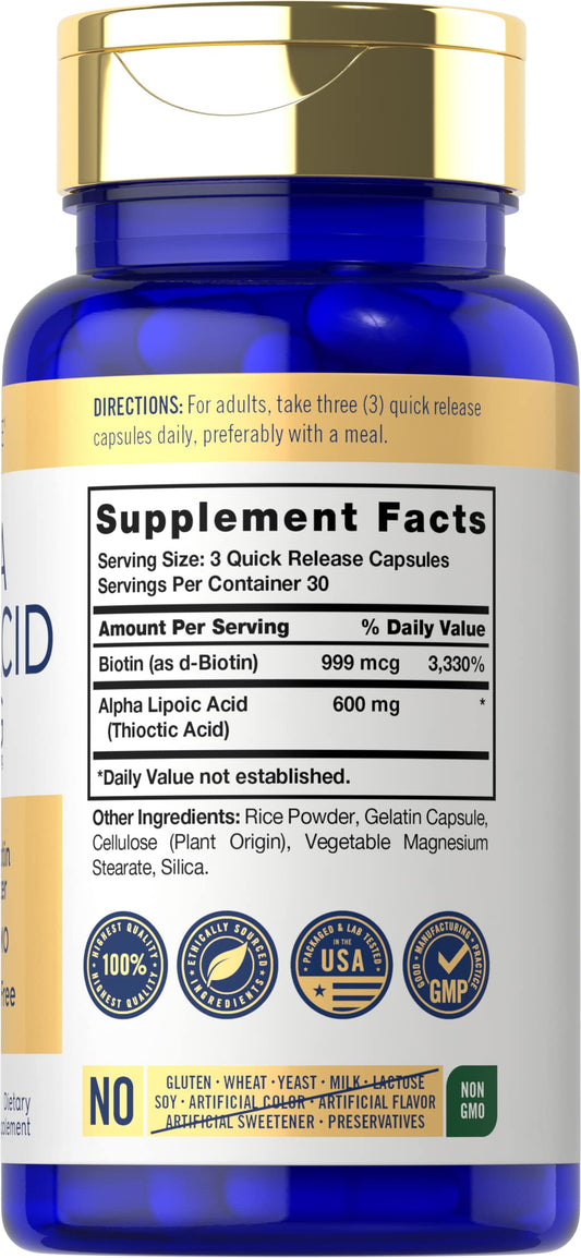 Close-up of label showing 600 mg Alpha Lipoic Acid