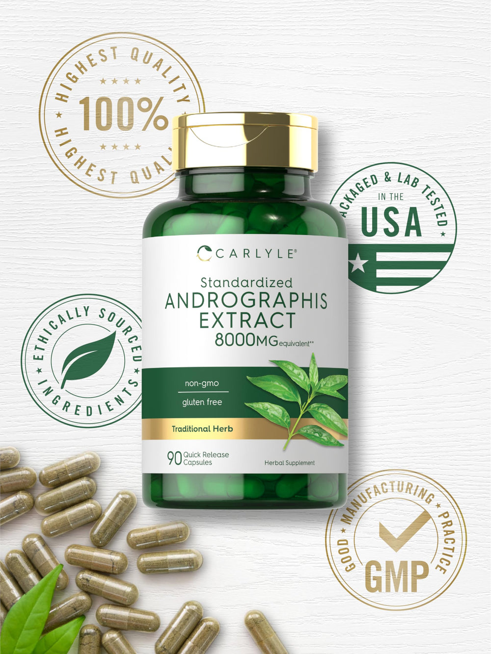 Herbal extract capsules on a clean surface
