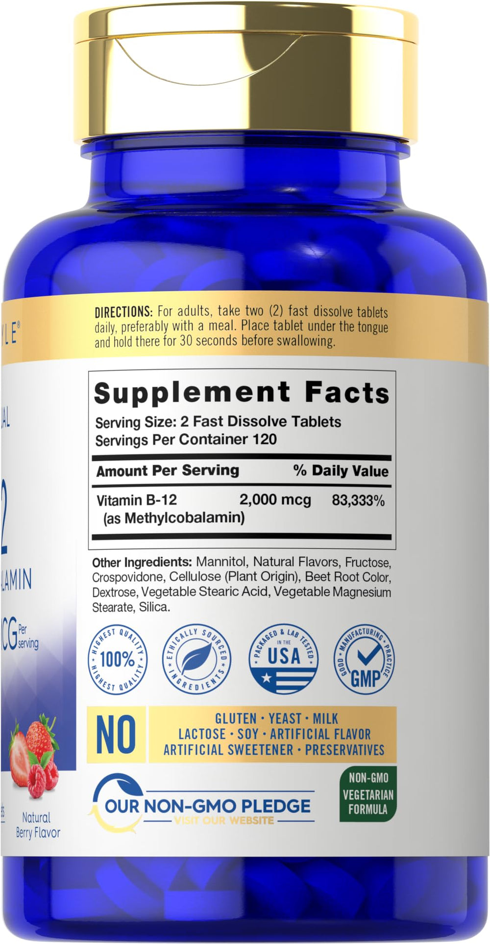 Front view of Carlyle B12 Berry Flavor bottle and label