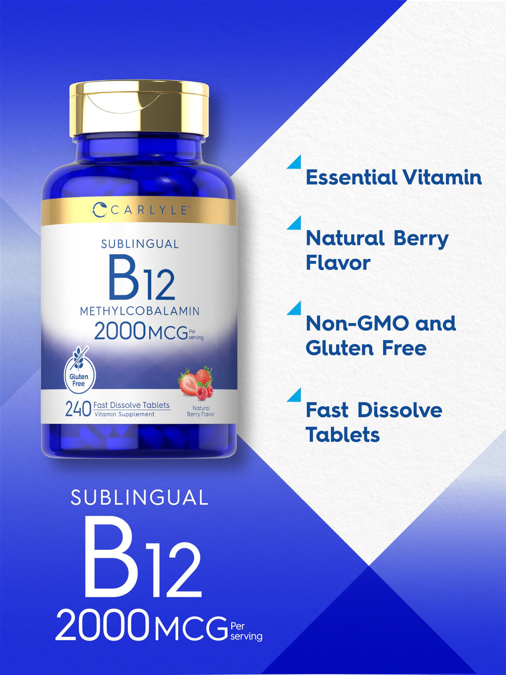 Berry flavor Carlyle B12 packaging with Vegetarian, Non-GMO, Gluten Free icons