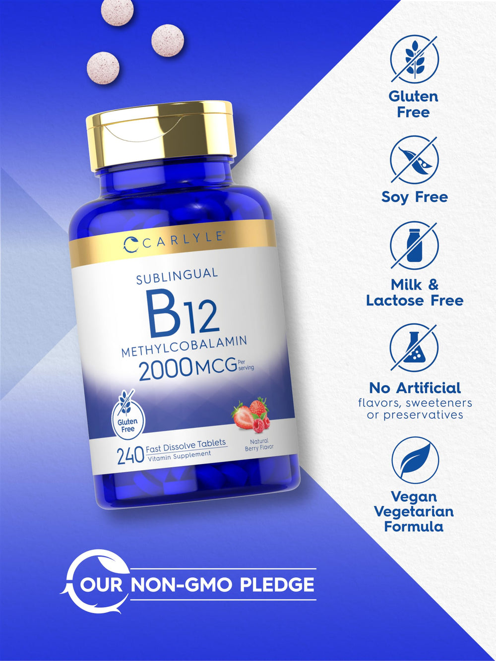 Carlyle B12 bottle and supplements on white background
