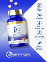 Carlyle B12 bottle and supplements on white background