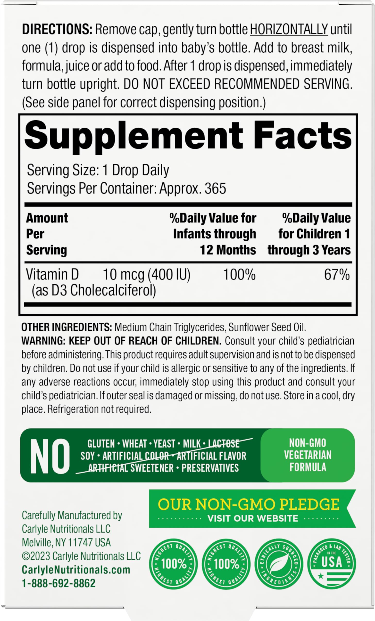 Product label highlighting 400 IU per drop and 365 servings