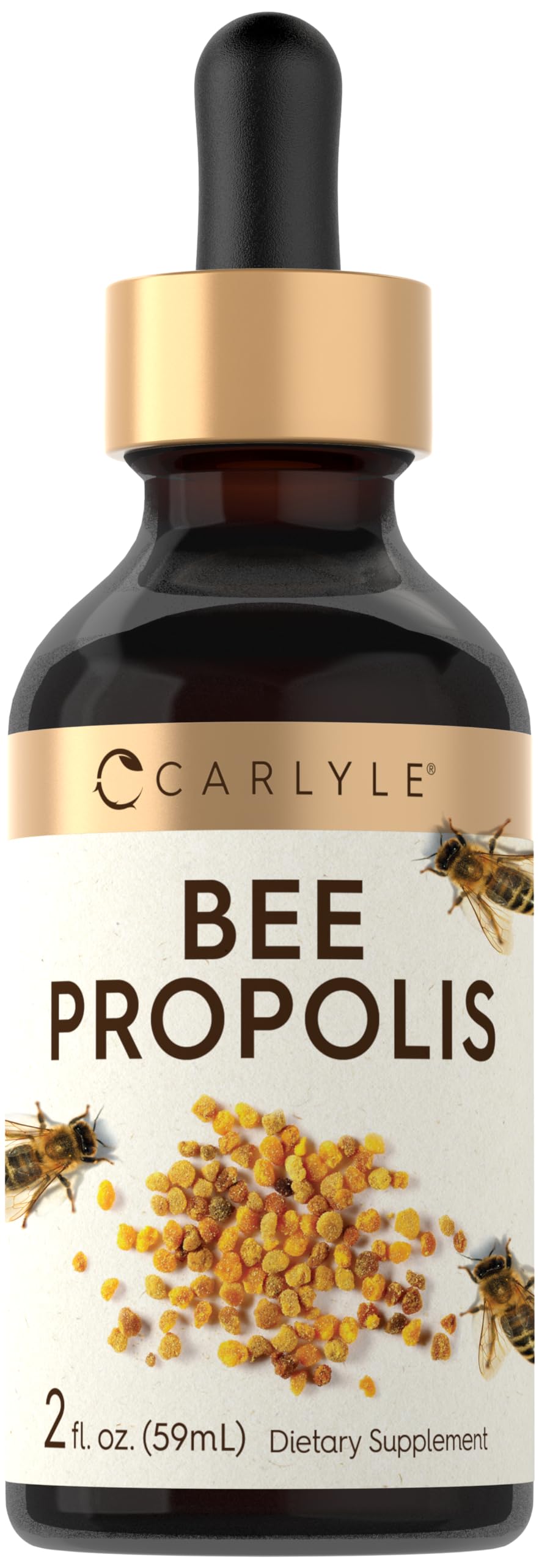 Front view of Carlyle Bee Propolis Tincture Drops 2 oz bottle.