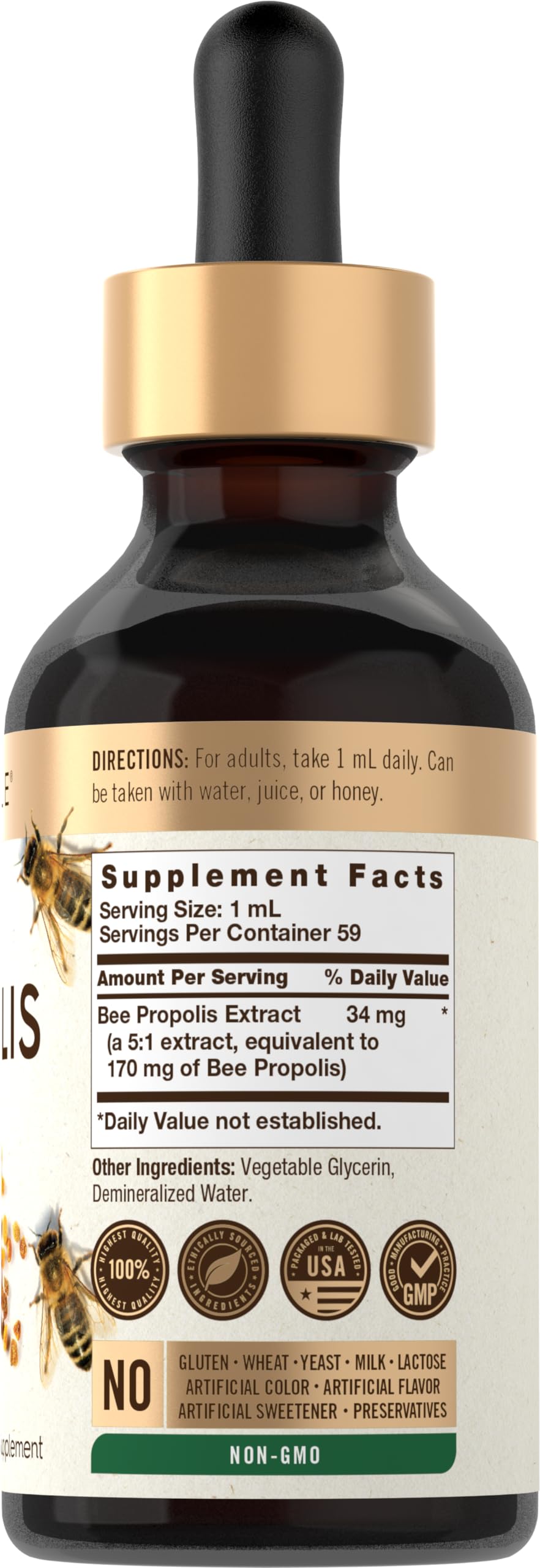 Side angle of Carlyle Bee Propolis Tincture Drops bottle.