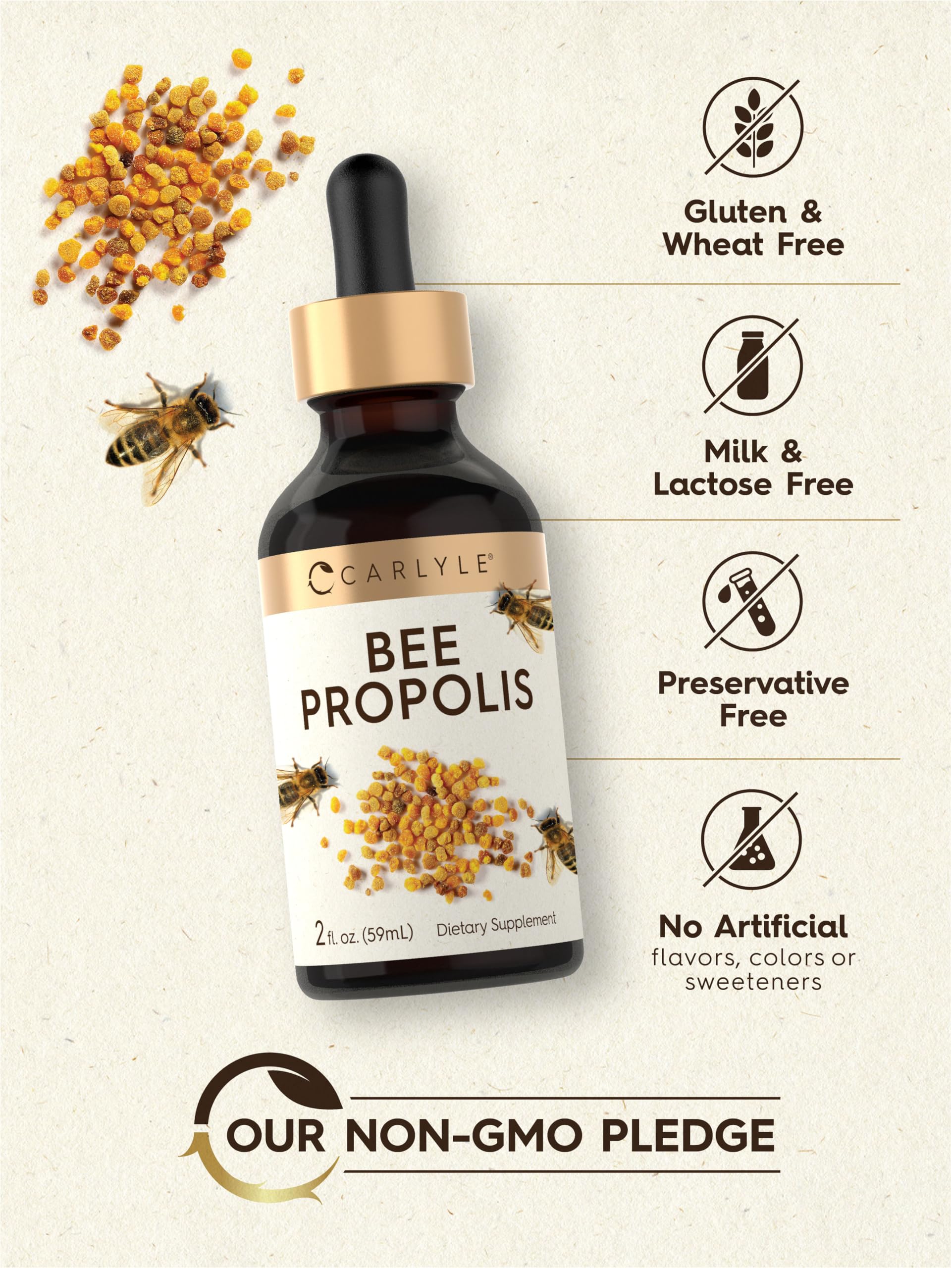 Carlyle Bee Propolis Tincture Drops bottle with dropper and glass.