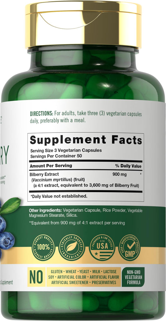 Rear view of Carlyle Bilberry Extract Capsules bottle with information