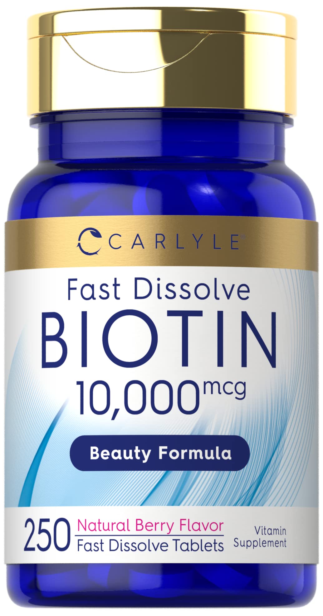 Front view of Carlyle Biotin 10000mcg bottle with 250 fast-dissolve tablets
