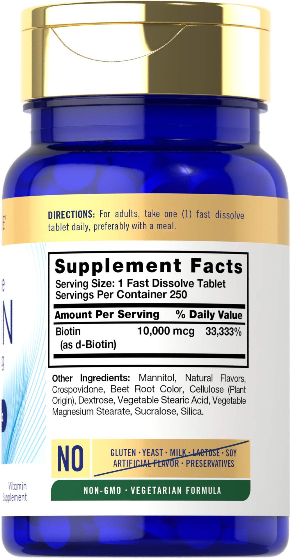 250 fast-dissolve Biotin 10000mcg tablets close-up