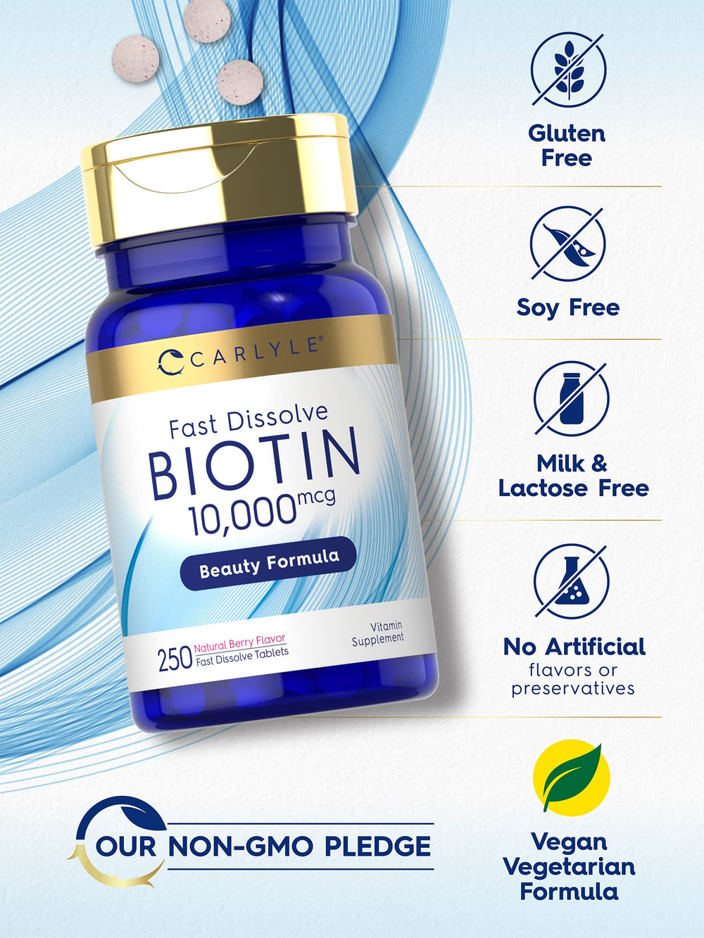 Vegetarian, Non-GMO, Gluten-Free Carlyle Biotin label