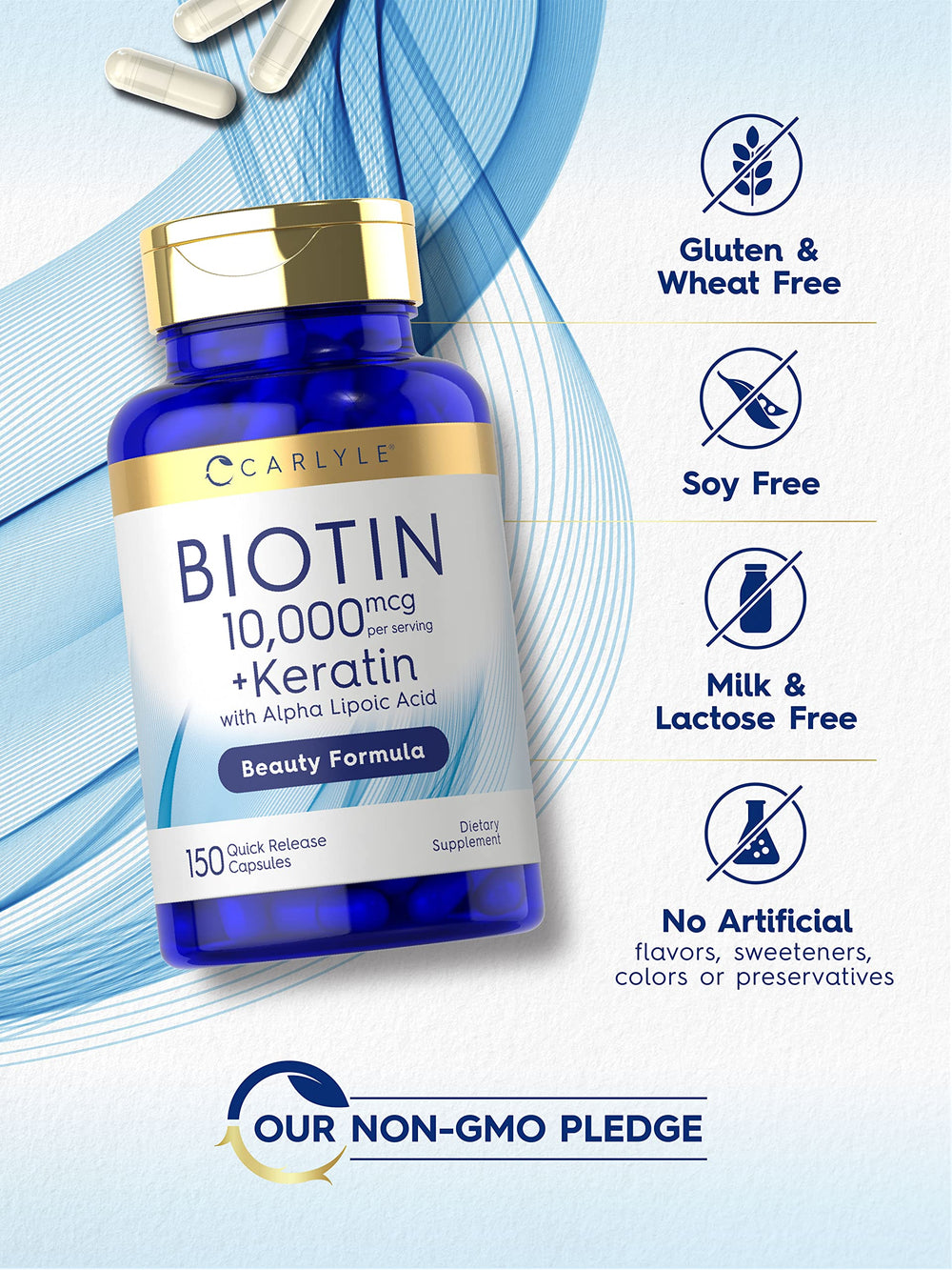 Gluten-free and Non-GMO label on Carlyle Biotin bottle