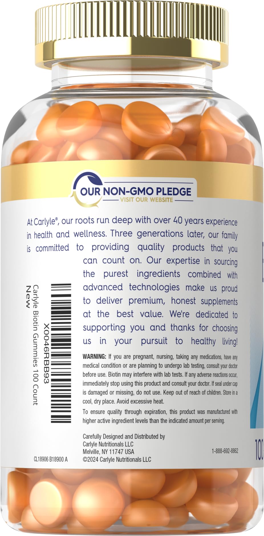 Biotin 10000mcg label close-up on Carlyle bottle