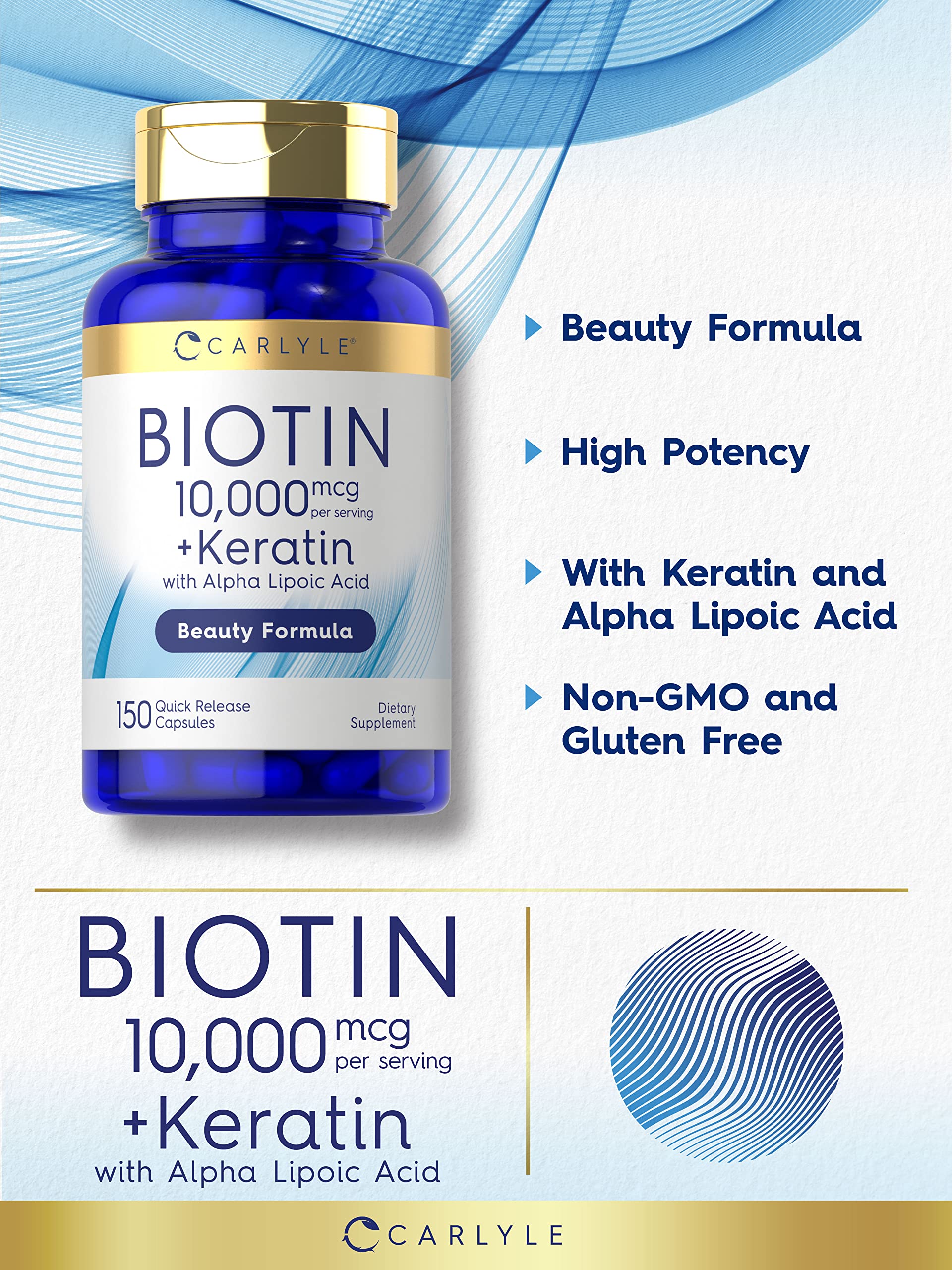 Ingredient panel showing Biotin 10000mcg and Keratin