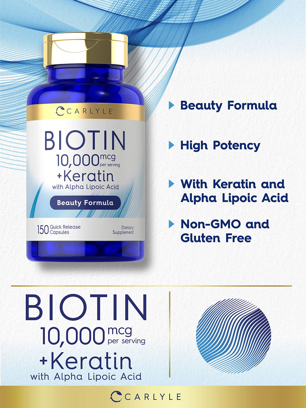 Ingredient panel showing Biotin 10000mcg and Keratin