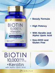 Ingredient panel showing Biotin 10000mcg and Keratin