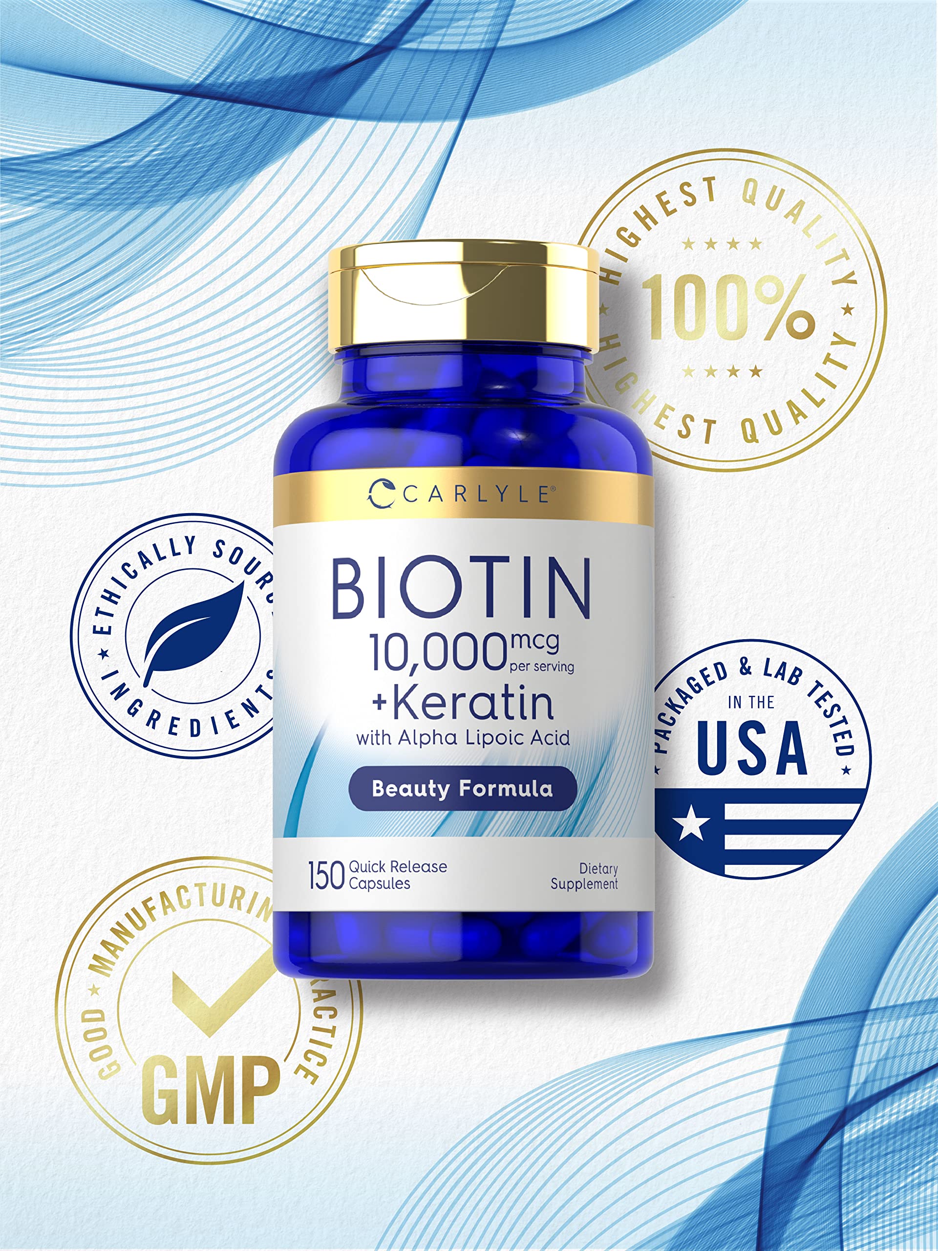 Packaging and bottle of Carlyle Biotin 10000mcg