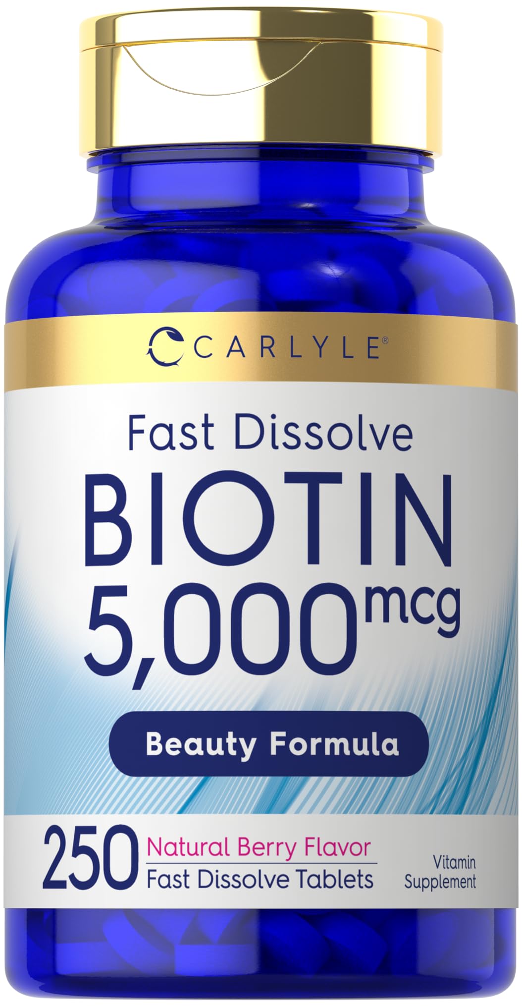 Carlyle Biotin 5000mcg bottle and label – 250 fast-dissolve tablets