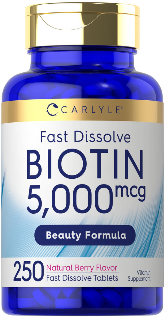 Carlyle Biotin 5000mcg bottle and label – 250 fast-dissolve tablets