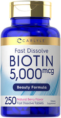 Carlyle Biotin 5000mcg bottle and label – 250 fast-dissolve tablets