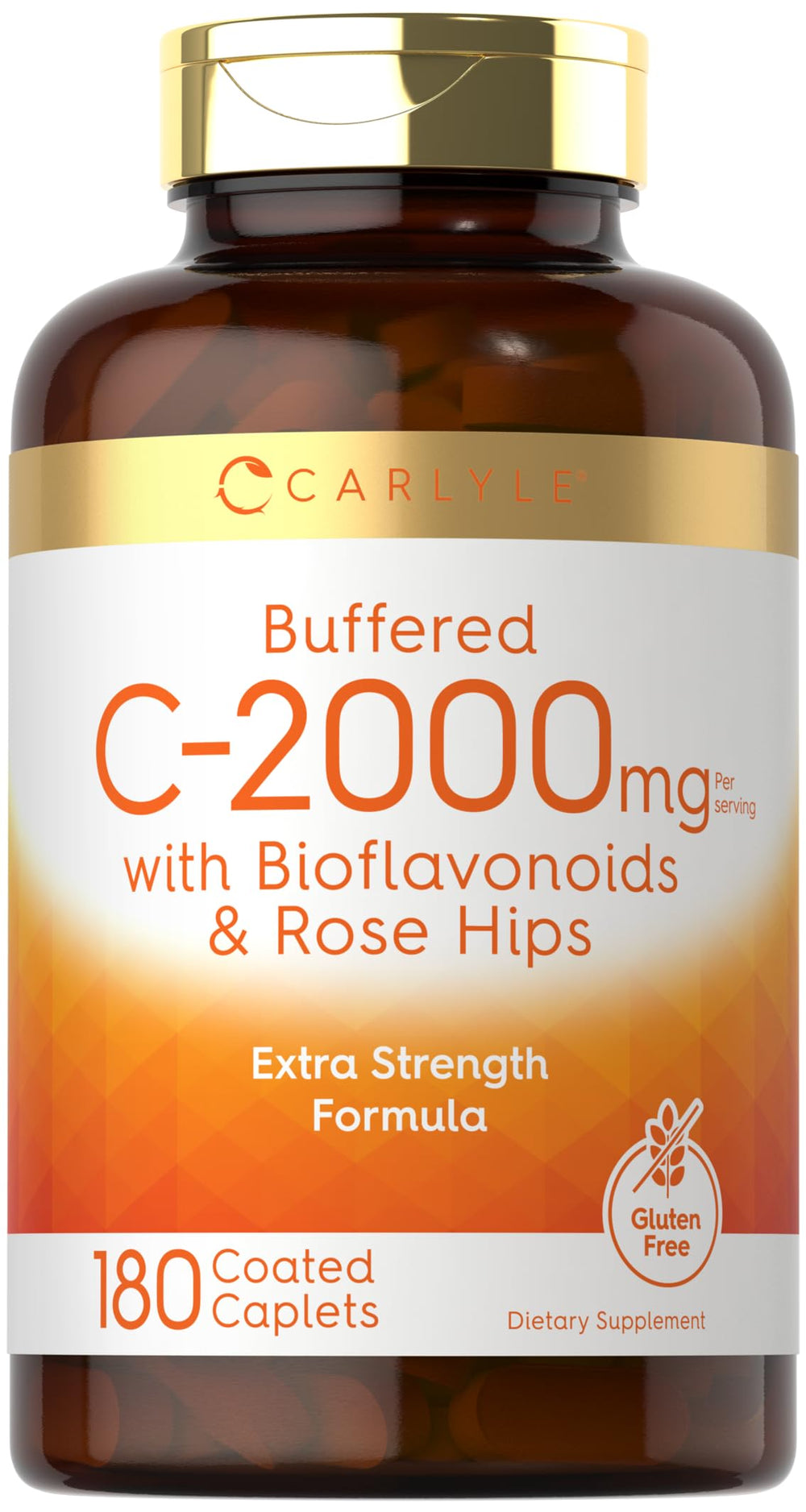 Front view of Carlyle Buffered Vitamin C 2000mg bottle with 180 caplets
