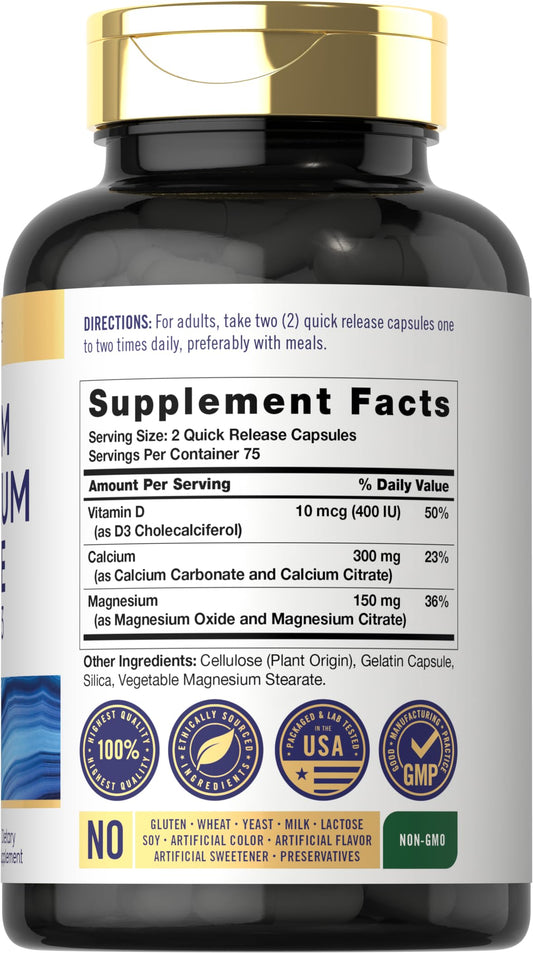 Back view of Carlyle Calcium Magnesium Citrate with Vitamin D3 bottle