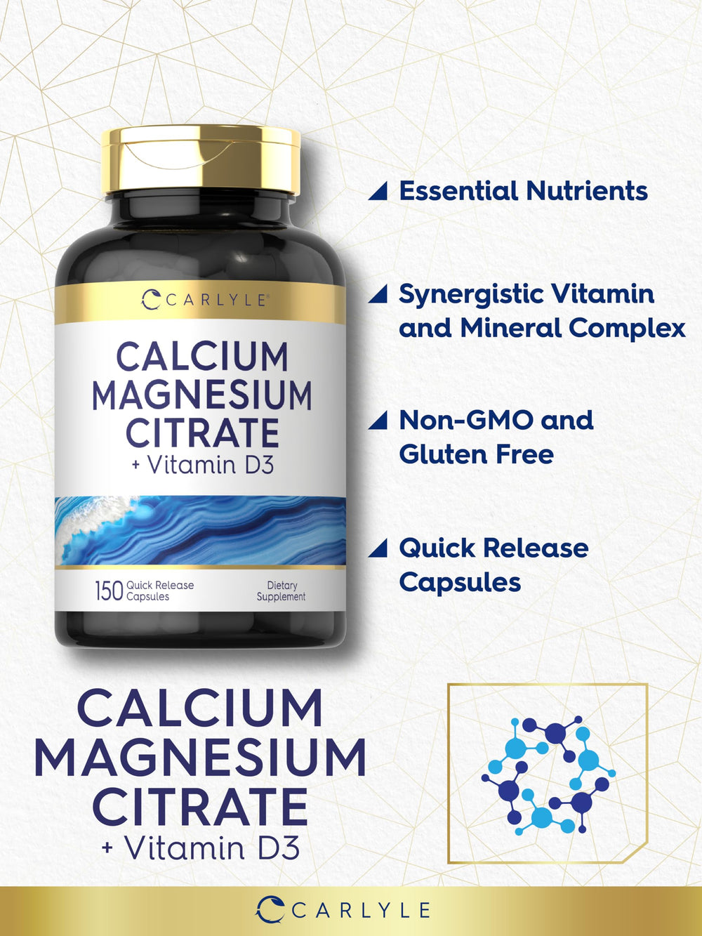 Close-up of Carlyle Calcium Magnesium Citrate capsules