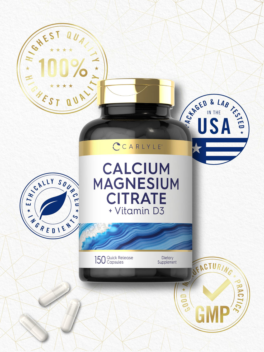 Vitamin D3 and ingredients panel on Carlyle supplement packaging