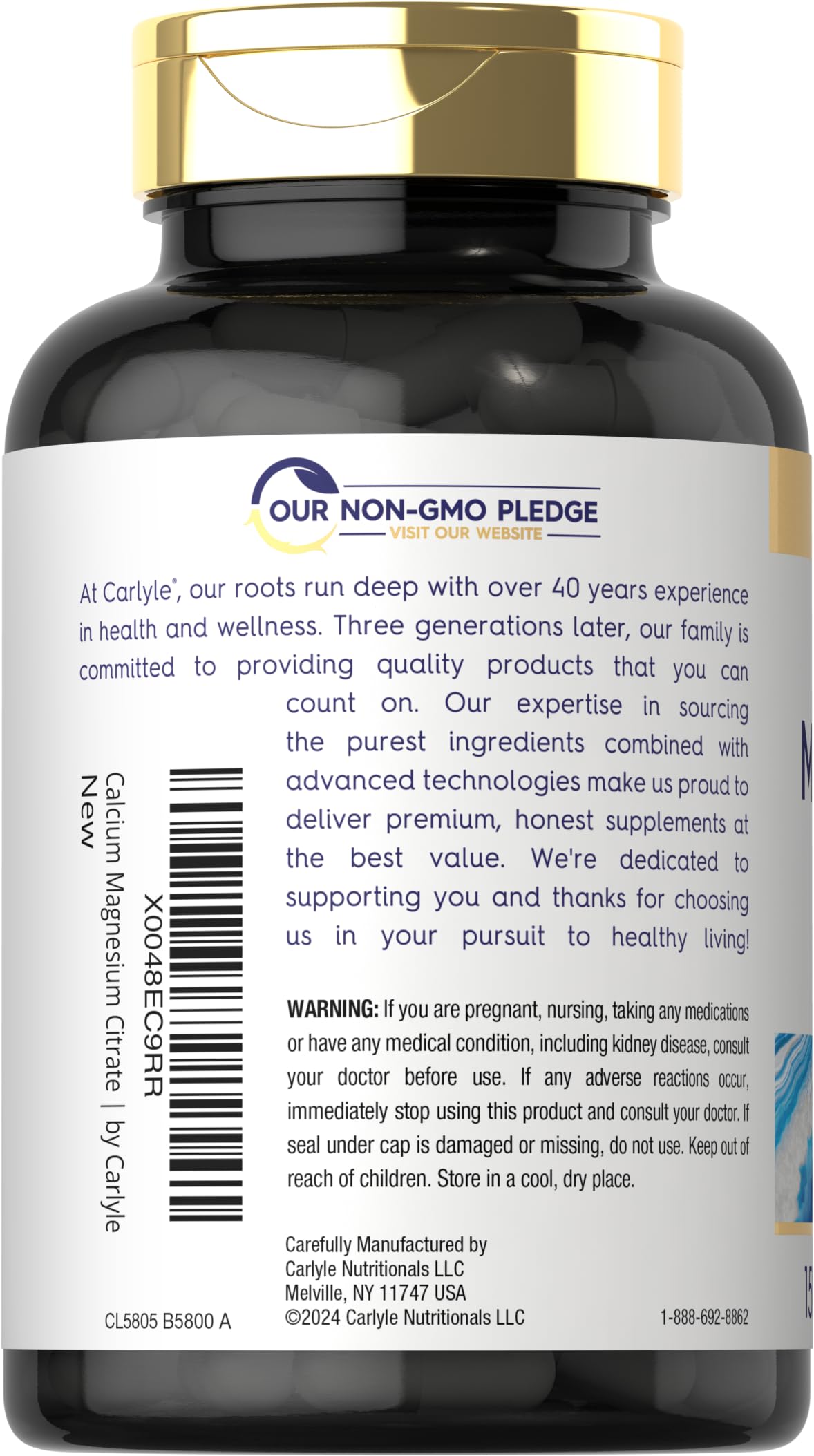 Close-up of label on Carlyle Calcium Magnesium Citrate bottle