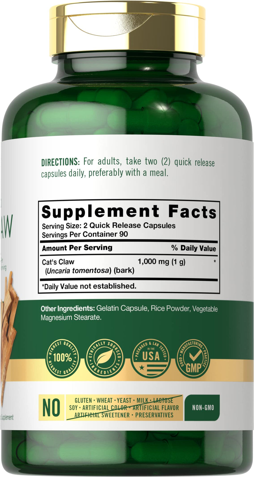 Carlyle Cat's Claw capsules label showing Uncaria tomentosa - 1000mg