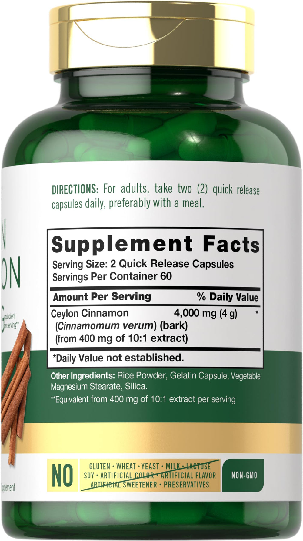 Close-up of Carlyle Cinnamon Capsules showing 4000 mg per serving