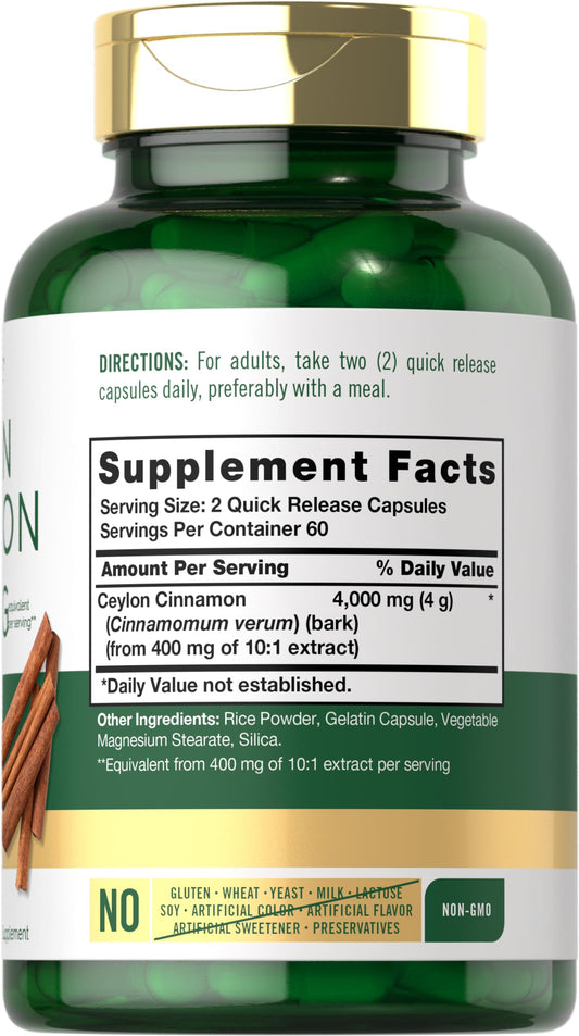 Close-up of Carlyle Cinnamon Capsules showing 4000 mg per serving