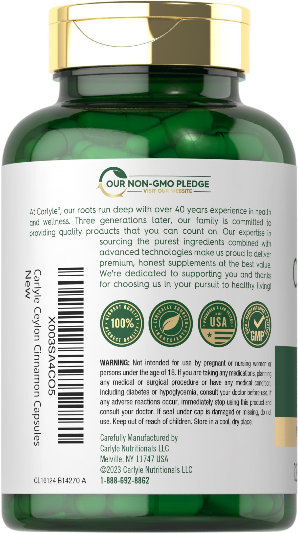 Carlyle Ceylon Cinnamon Capsules product label close-up