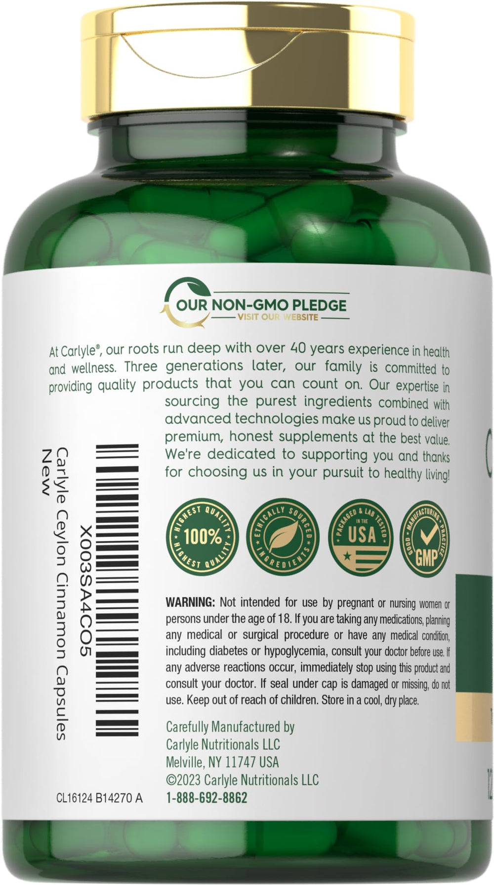 Carlyle Ceylon Cinnamon Capsules product label close-up