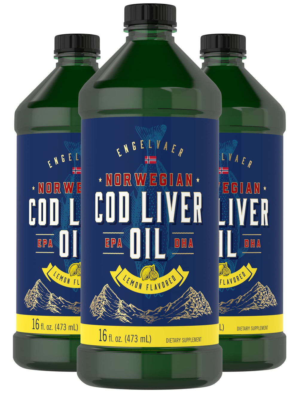 Front view of Carlyle Cod Liver Oil Liquid 16 oz lemon flavor 3-pack