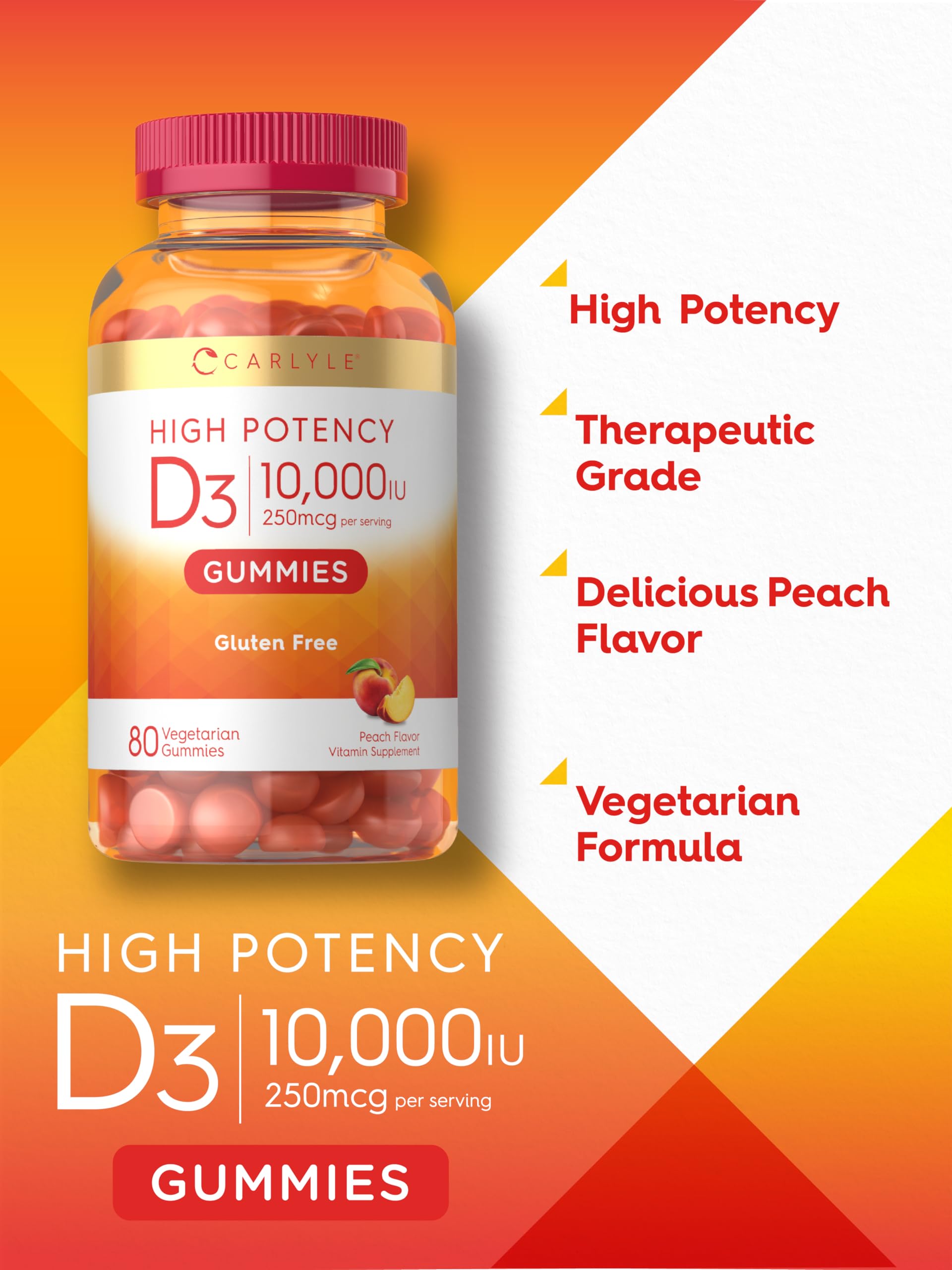 Close-up of peach flavor Carlyle D3 gummies