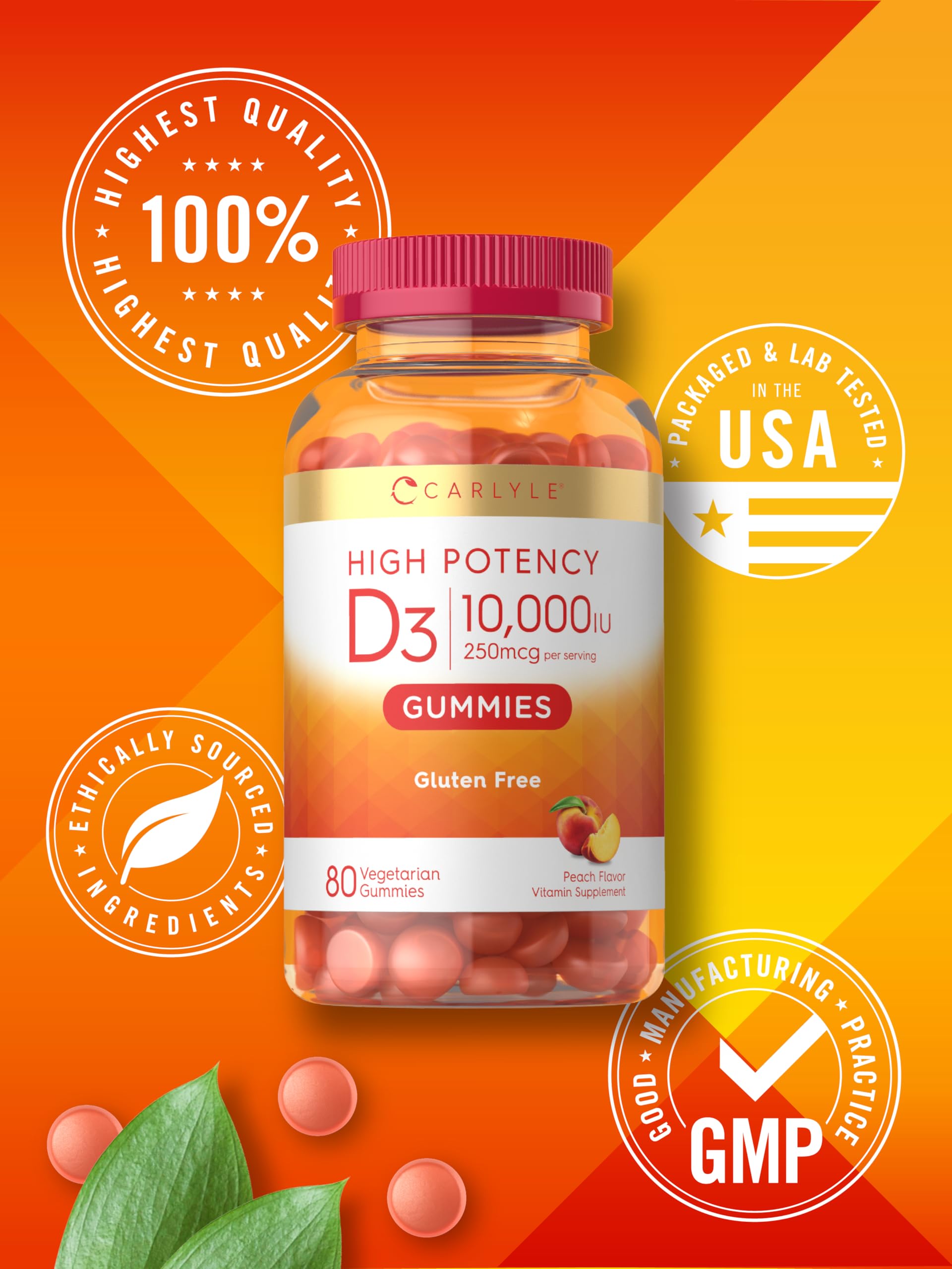 Vegetarian and Non-GMO icons on Carlyle D3 bottle