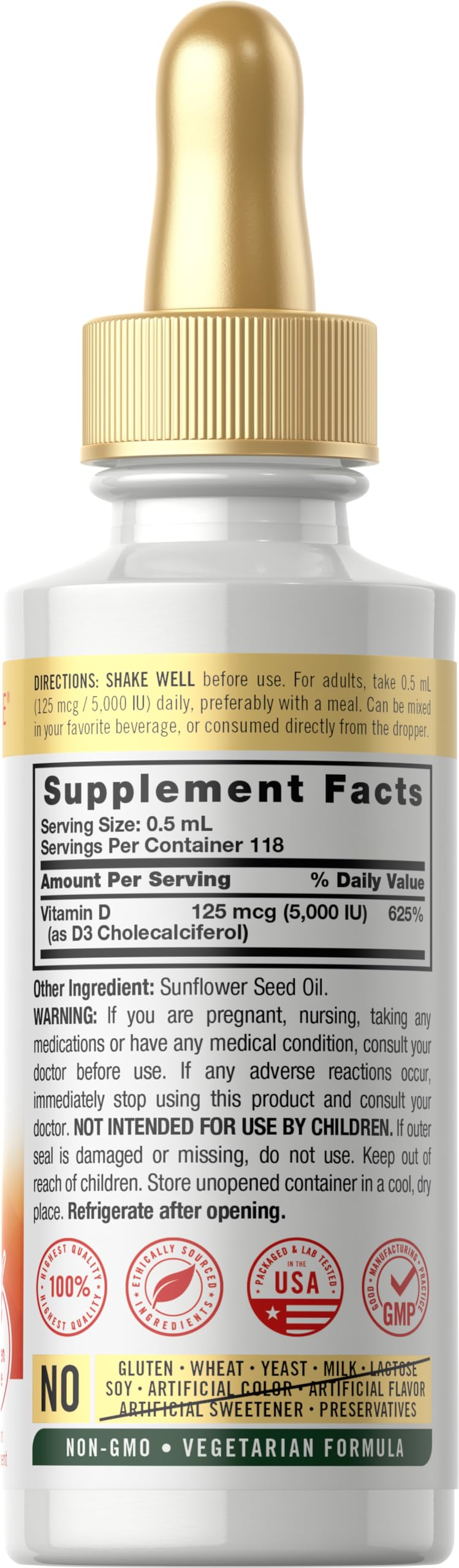 Close-up of Carlyle D3 liquid drops label showing 5000 IU per serving
