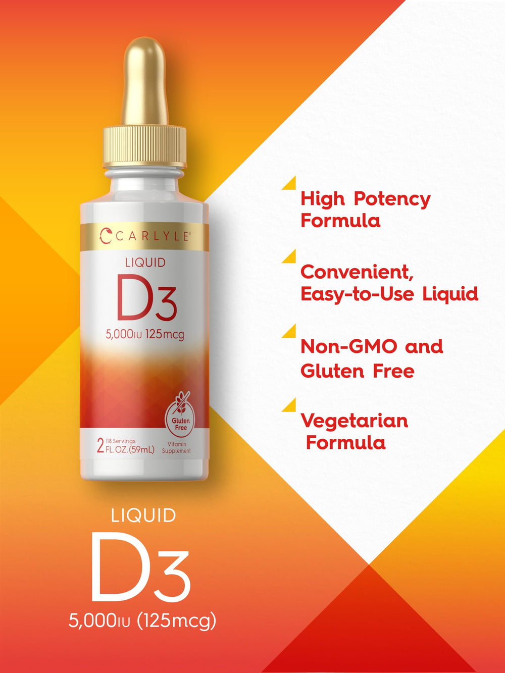Front view of Carlyle Vitamin D3 liquid drops packaging