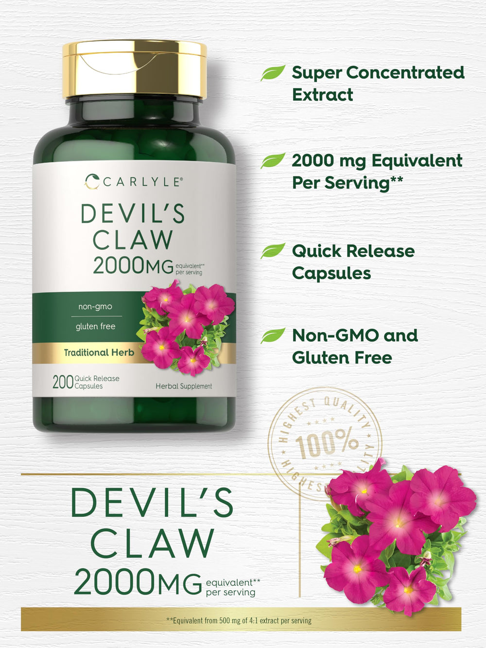 Label highlighting standardized extract of 2000 mg per serving