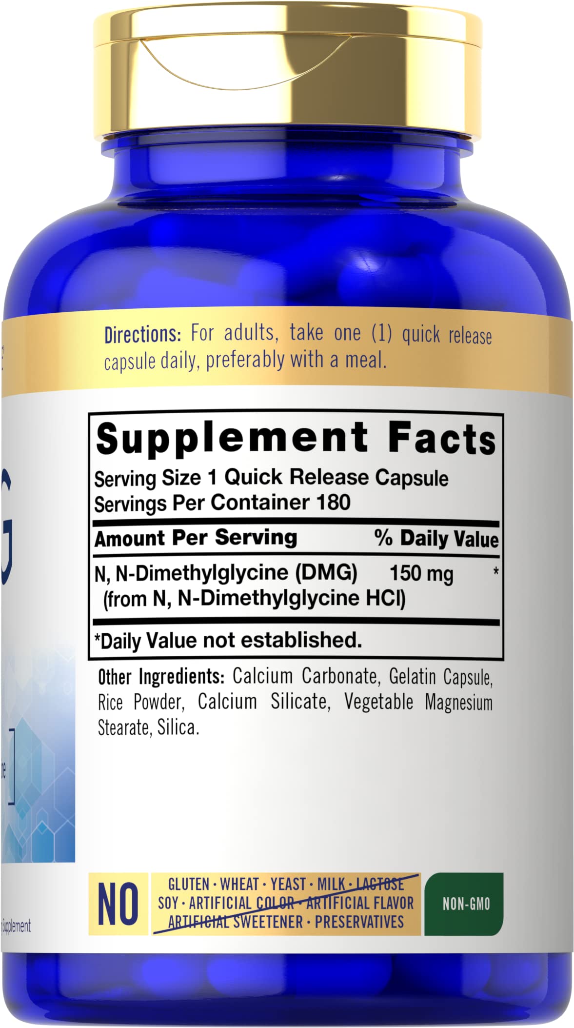 Close-up of Carlyle DMG 150 mg capsules bottle label