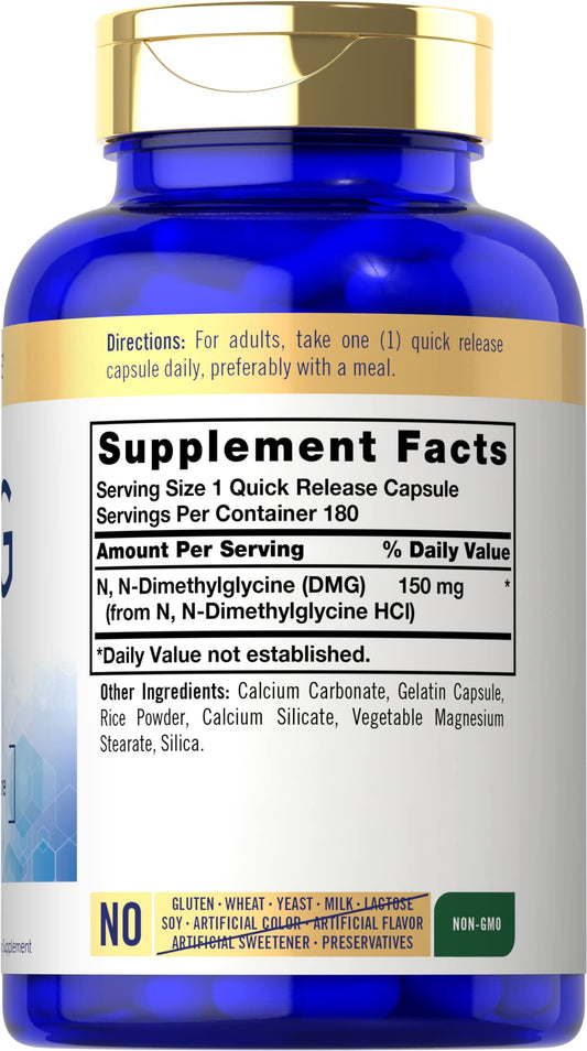 Close-up of Carlyle DMG 150 mg capsules bottle label
