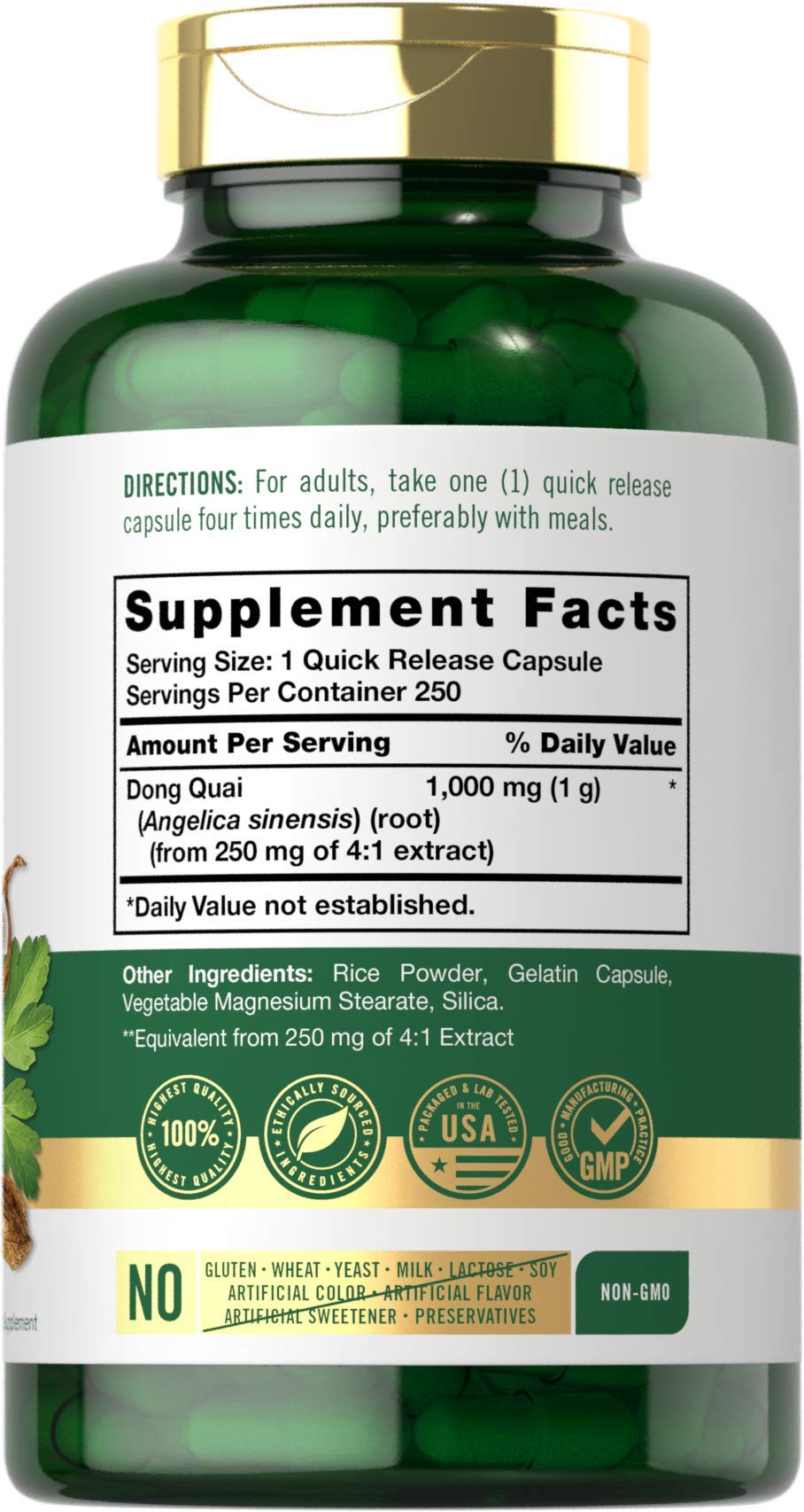 Back view of Carlyle Dong Quai capsules bottle with label