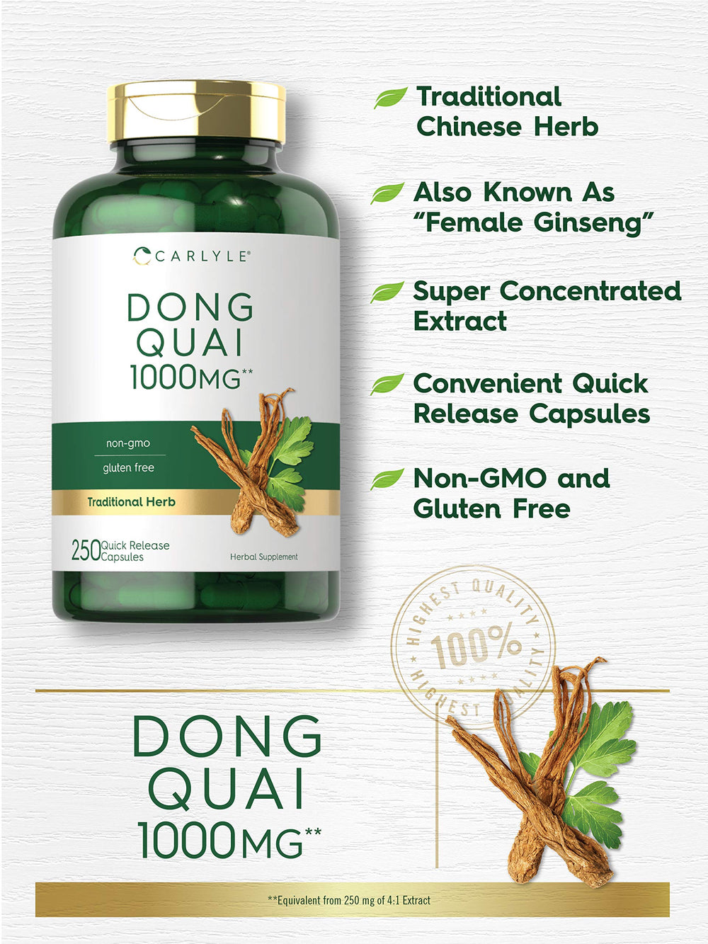 Close-up of 1000 mg Dong Quai root per capsule