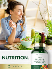 250 capsules bottle displayed with 30+ fruits and vegetables infographic