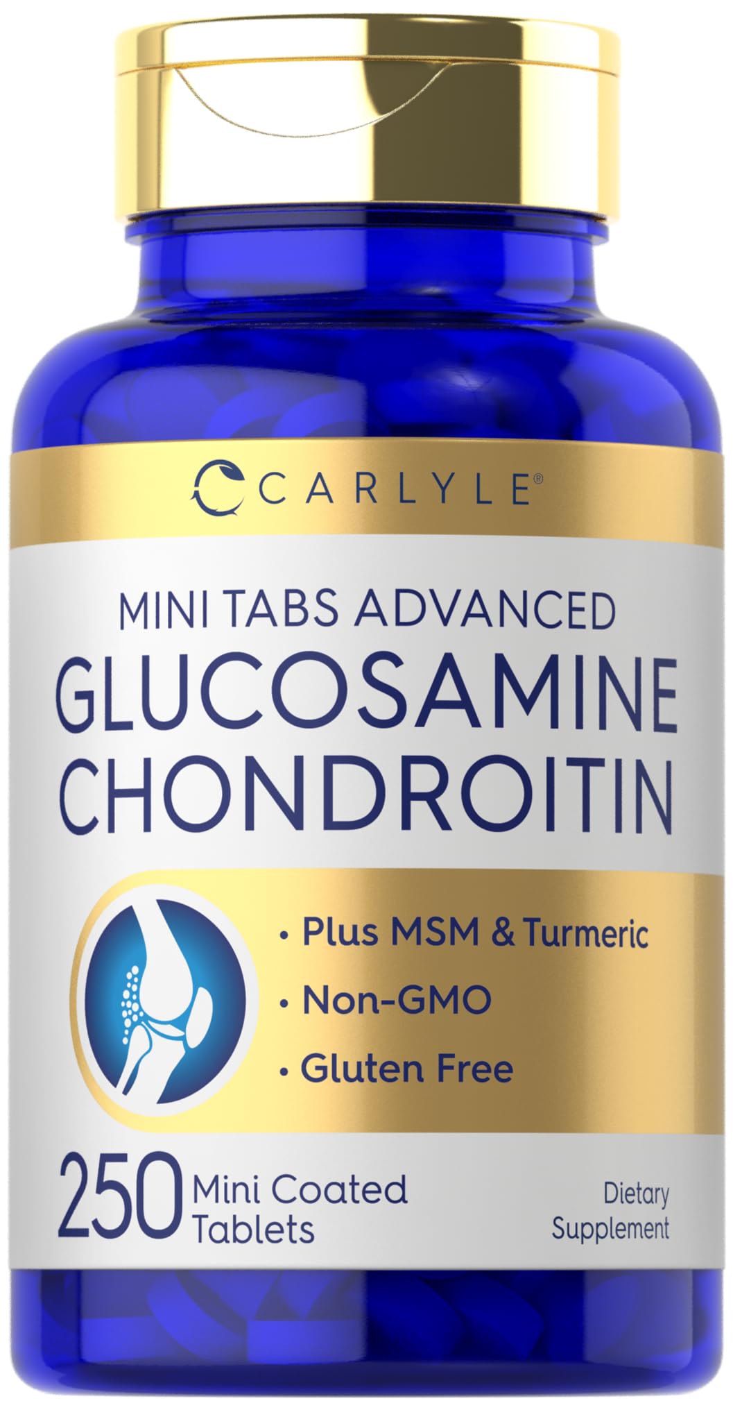 Front view of Carlyle Glucosamine Chondroitin MSM 250 Mini Tablets bottle