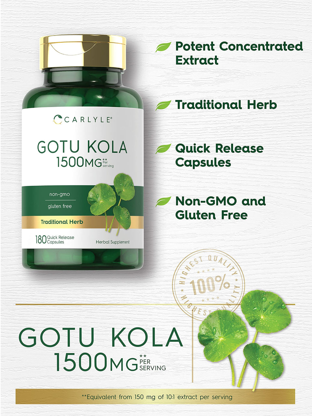 Carlyle Gotu Kola bottle showing non-GMO and gluten-free notes
