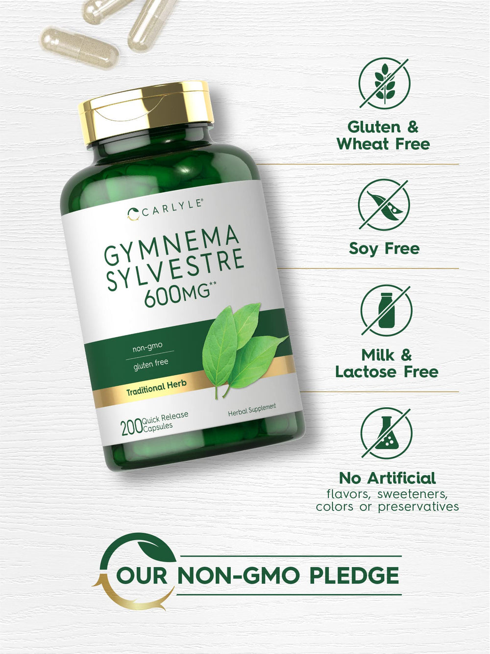 Close-up of Gymnema Sylvestre 600mg label on bottle