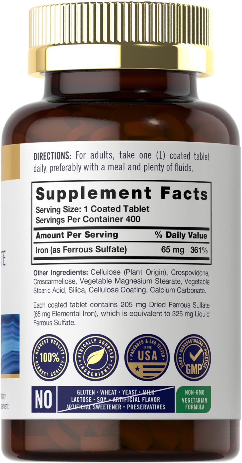 Close-up of Carlyle Iron Ferrous Sulfate 65 mg bottle label