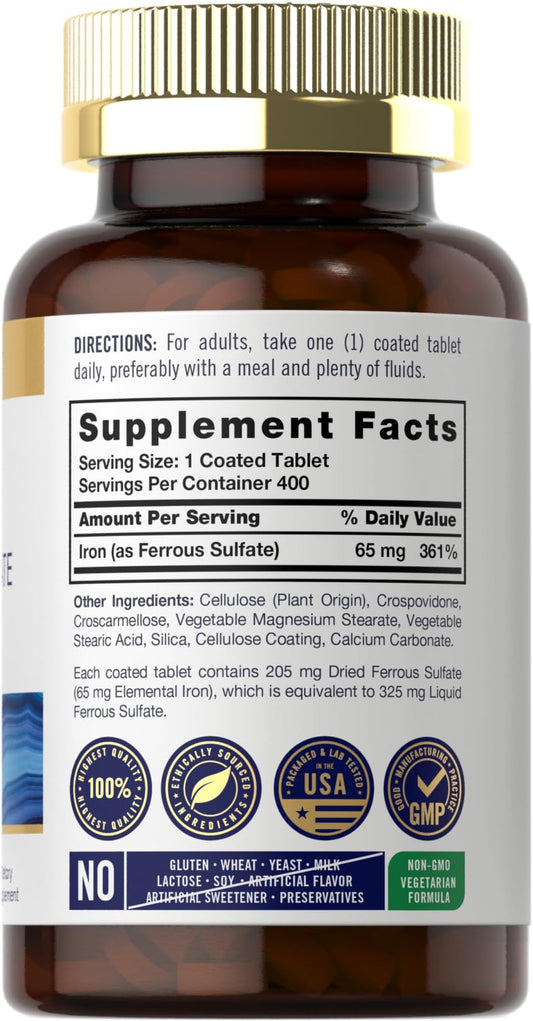 Close-up of Carlyle Iron Ferrous Sulfate 65 mg bottle label