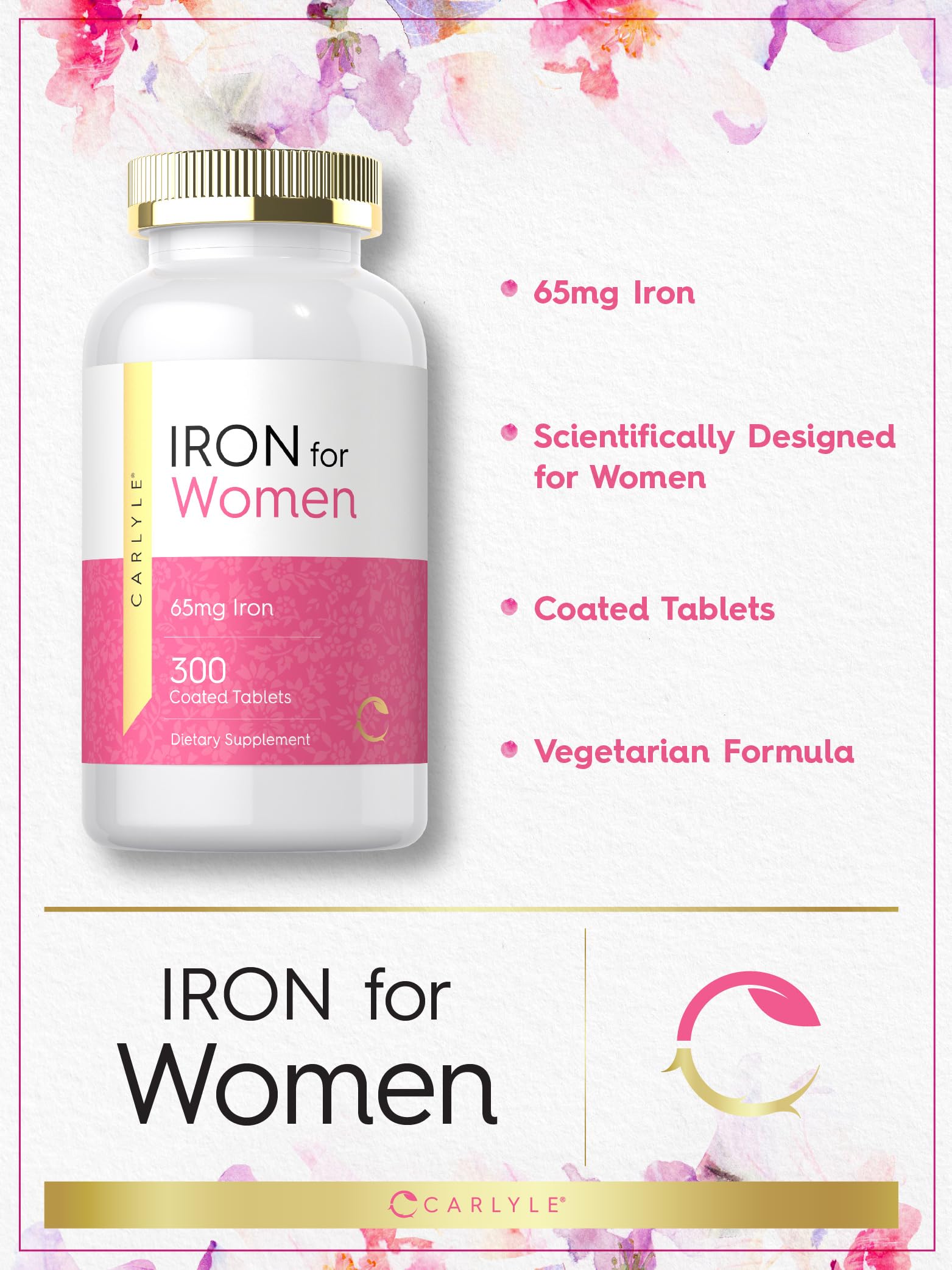 Close-up of Carlyle Iron Supplement coated tablets
